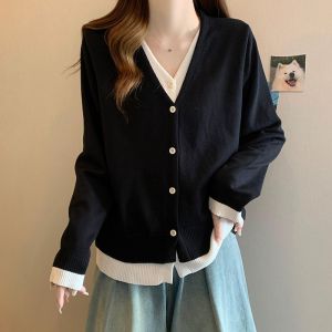 หลวม คอวี ถักเปิด คาร์ดิเกน เสื้อสเวตเตอร์ ผู้หญิง ฤดูใบไม้ร่วง ฤดูหนาว พลัสไซส์ ดีไซน์ หลากหลาย ฝาครอบด้านบนหน้าท้องปลอมสองชิ้น