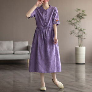 Summer New Style Washed Embroidered Cotton Drawstring Waist Slimming Midi Length Short Sleeve Dress Womens Fashion Dress