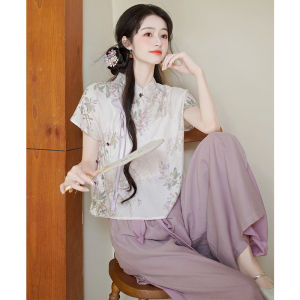 Han Chinese Clothing Suits Women Can Wear for Work Chinese Style Zen Tea Gown Print Tops Song Style Loose Pants Summer
