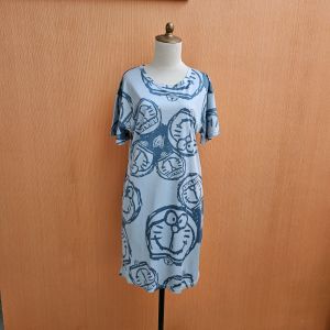 midi dress wanita biru muda pastel motif kepala doraemon L cewek lengan pendek homedress santai