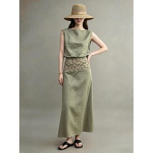 GULILI | Traditional Green Sleeveless Lace Splicing Dress Set