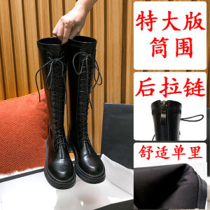 Elastic High-Tube Fleece-Lined Martin Boots Womens plus Size Leg Slimming Long Boots Korean Style Cross-Buckled round Toe