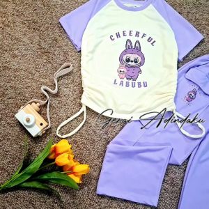 Baju Setelan Labubu Anak Perempuan & Celana Kargo Usia 3-12 Tahun