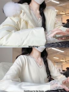 BINKAFENNY | White Lace Trim Splice V-neck Wool Base Shirt Womens Slim Fit Ultra Beautiful Knitted Top For Autumn Winter Commute