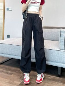 Ice Silk Quick Dry Work Trousers High Waist Drawstring Cuffed Hiking Pants American Harlan Sports Pants Womens Summer Fashion