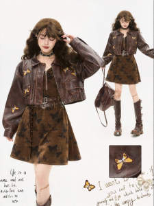 KEIKO | Áo Khoác Da Vintage Thêu Phong Cách Thu se Lạnh