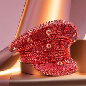 Red Rhinestone Luxury Festival Captain Hat Wedding Military Captain Hats Steampunk Caps Punk Rivets Sergeant Hat Masquerade