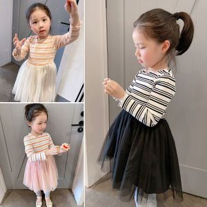 Girls Cotton Striped Dress round Neck Long Sleeve Tulle Skirt Cute Short Dress Princess Style Spring Autumn Wear for Kids