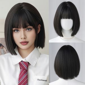 Fluffy short straight black Bob wig heat-resistant synthetic fiber wig with bangs for ladies 12-inch rose net cap suitable f