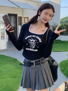 Sweet And Spicy Style Cartoon Mouse Collar T-Shirt Short Irregular Long Sleeve Tight Fit Base Shirt against Excuse Brand