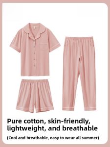 MiiOW | Pure Cotton Summer Sleepwear Womens Lightweight Breathable Short Sleeve Shorts Home Clothes Three-piece Set Comfortable MiiOW