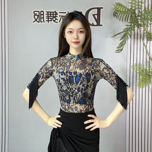 Women Leopard Print Latin Dance Top Sheer Mesh Fringe Sleeve High Neck Cha Cha Practice Blouse Performance Dancewear