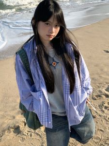 Áo sơ mi nữ BINKAFENNY tay dài dáng rộng cổ polo kẻ caro