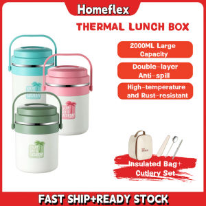 HomeFlex Thermal Lunch Box for Adult 2000ml Large Capacity Portable Insulated Food Container for Kids Stackable Bento Box with Insulated Bag and Cutlery Set Stainless Steel Lunchbox with Grids