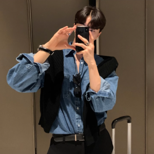 Loose Mens Denim Shirt Long Sleeve Casual Vintage Style Spring Autumn Outerwear Polyester Cotton Blend No Brand Registered