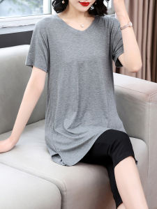 Summer Middle-Aged and Elderly Modal V Neck Short Sleeve Mid Length Long Length Plus Size T-Shirt Bottoming Shirt Female Loose Figure Flattering Belly-Covering Tops
