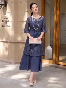 Elegant Lace Splice Chiffon Dress Womens Long Dress Spring Summer Autumn Polyester Fabric A-Line Skirt Midi Dress