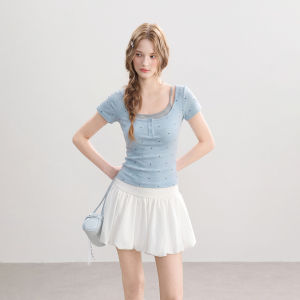 QIAOJIAOYA | Short Length Blue Faux Two-Piece Polka Dots Short Sleeve Slim Henley Neck T-Shirt