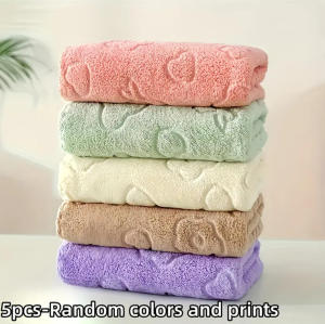 5-Piece Set Soft Absorbent Coral Fleece Quick-Drying Bathroom Towels Cute Fun Design Face Towels for Home