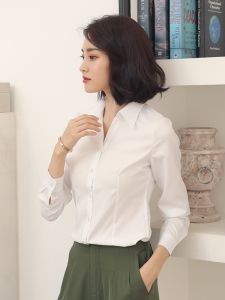 Fashionable V-Neck White Shirt Long Sleeve Womens Business Office Work Uniform Slim Fit Iron-Free Top New Autumn Arrival