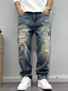 Quần Jeans Nam Retro Patchwork Quần Ống Thẳng Rộng Phong Cách Mỹ Cao Cấp Hip Hop Quần Dài Thời Trang Xuân Thu