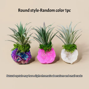 3pcs Natural Crystal Electroplated Agate Cave Ornament with Simulated Green Plants Rough Crystal Craft Home Decor