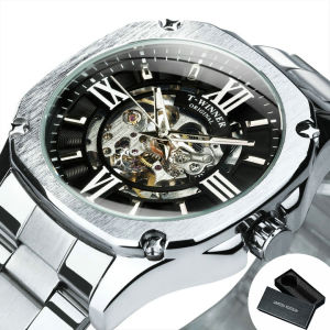 T-WINNER | WINNER Business Skeleton Automatic Mechanical Watch for Men Luminous Hands Stainless Steel Strap Luxury Brand Fashion Watches
