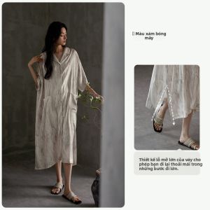 yuenei | Váy ngủ lụa satin mùa hè cho nữ tay ngắn dài cổ chữ V trang trí nút mặc nhà thoải mái thoáng khí