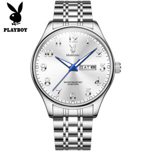 PLAYBOY watch for men fashion round dial luminous dual calendar waterproof stain steel strap men watches