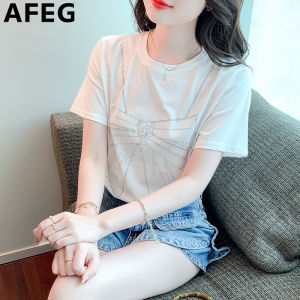 AFEG new Korean version of the round neck fashion casual loose bow-tie hot drill short-sleeved T-shirt