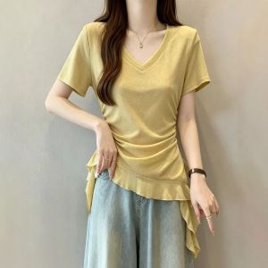Glittering Rhinestones V-Neck Short Sleeve Slimming Ruffle Peplum Top