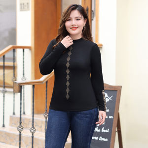 plus Size Womens Long Sleeve T-Shirt Fashionable Rhinestone Mommy Fatter Slimmer Half High Collar Base Shirt Autumn Wear