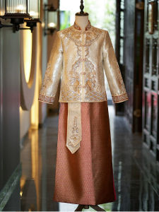 Champagne Colored New Chinese Style Wedding Tang Suit for Men Heavy Work Embroidery Dragon And Phoenix Dress Code Drinking Ceremony