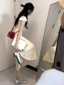 Korean Style Sweet Fishbone Short Sleeve Bodycon Dress Womens Spring New Waist Slimming Long Skirt Commute Style High Waist A-Line Dress