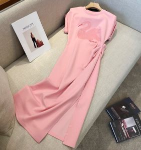 Elegant Pink French Style Long Dress Womens Summer Fashion Luxury Dress Ageless Quality round Neck Short Sleeve A-Line Skirt