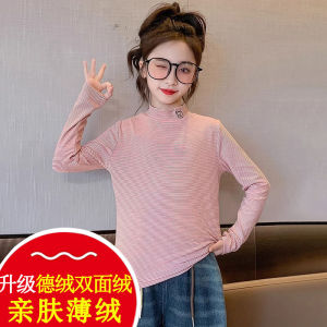 Double-Sided Dralon 2024 Spring & Fall New Arrival Girl Long Sleeves T-shirt Tops Childrens Stripes Turtleneck Childrens Bottoming Shirt