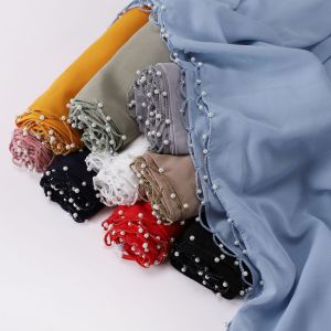 Jifang Chất lượng cao gợn sóng gợn sóng ngọc trai beading cạnh đồng bằng Chiffon cát Khăn choàng Pashmina khăn choàng đầu kết thúc tốt đẹp Khăn trùm đầu hijab hồi giáo khăn choàng wc63