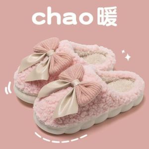 Womens Winter Cotton Slippers Thick Bottom Anti-slip Warm Home Leisure Butterfly Knot Home Slippers Comfortable Indoor Shoes