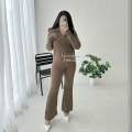 Deluna - Vior One Set Wanita - Setelan Atasan Kemeja Loose Oversize Lengan Panjang Dan Celana Cutbray Highwaist Bahan Knit Stretch Bawahan Kancing. 