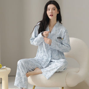 MiiOW | Womens Pure Cotton Sleepwear Long Sleeve Loose Comfortable Cute Style Home Clothes Set V-neck Cardigan Long Pants Autumn 2025