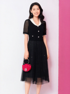 Koradior | Black Slimming Vintage Midi Short Sleeve Dress