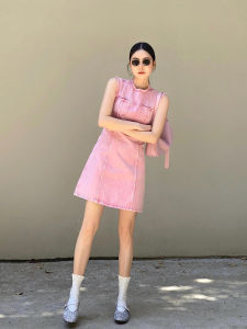 French Vintage ขาดๆ ยับๆ แขนกุด สีชมพู เดนิม เดรส ผู้หญิง เซ็กซี่ เล็ก ดีไซน์ Sense เดรส สูง เอว ทรงเอ กระโปรงสั้น