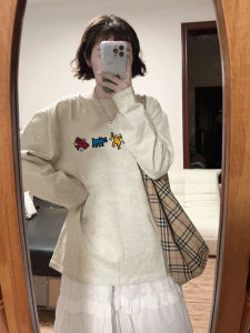 100% Pure Cotton Long Sleeve T-Shirt Womens Loose Lazy Design Sense Top American Retro Hong Kong Style Chic Shoulder