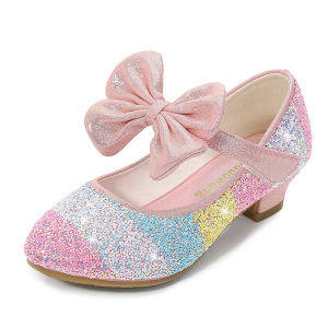 Girls Leather Shoes Big girls High Heel Shoes round-Toe Soft-Sole Princess Shoes Children Princess Crystal Shoes Single Shoes