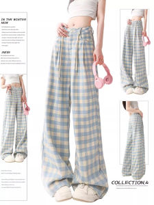 Quần Ống Rộng Kẻ Caro Màu Xanh Dành Cho Nữ Mùa Hè Mới Cạp Cao Thiết Kế Rộng Rãi Quần Ống Đứng Thường Ngày Quần Dài Thoải Mái