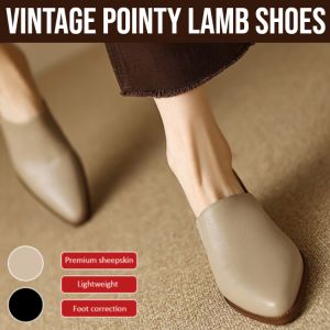 Vintage Pointy Lamb Shoes Womens Leather Shoes Soft Soles Thick Heels Comfortable High Heels Anti-Slip Single Shoes