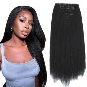 12-26 นิ้ววิกผมสังเคราะห์ 7 ชิ้น Yaki Kinky ตรงคลิปในส่วนขยายของผมผมสีดําสําหรับผู้หญิงสีดํา Lady Daily PARTY