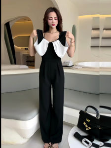 Slimming High-End Fashionable One-Piece Shoulder-Baring V-Neck Wide-Leg Pants Womens Summer New Arrival Commute Style Cotton