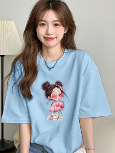2025 New Pure Cotton Womens T-shirt Short Sleeve Cartoon Print Oversize Large Size Shoulder Drop Small Size Slimming Top
