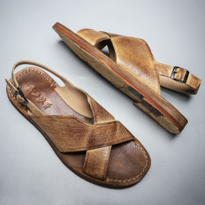 High-End Leather Sandals for Men Summer Outdoor Driving Roman Style Retro Sandals Breathable Slip-On Flats with Rubber Sole